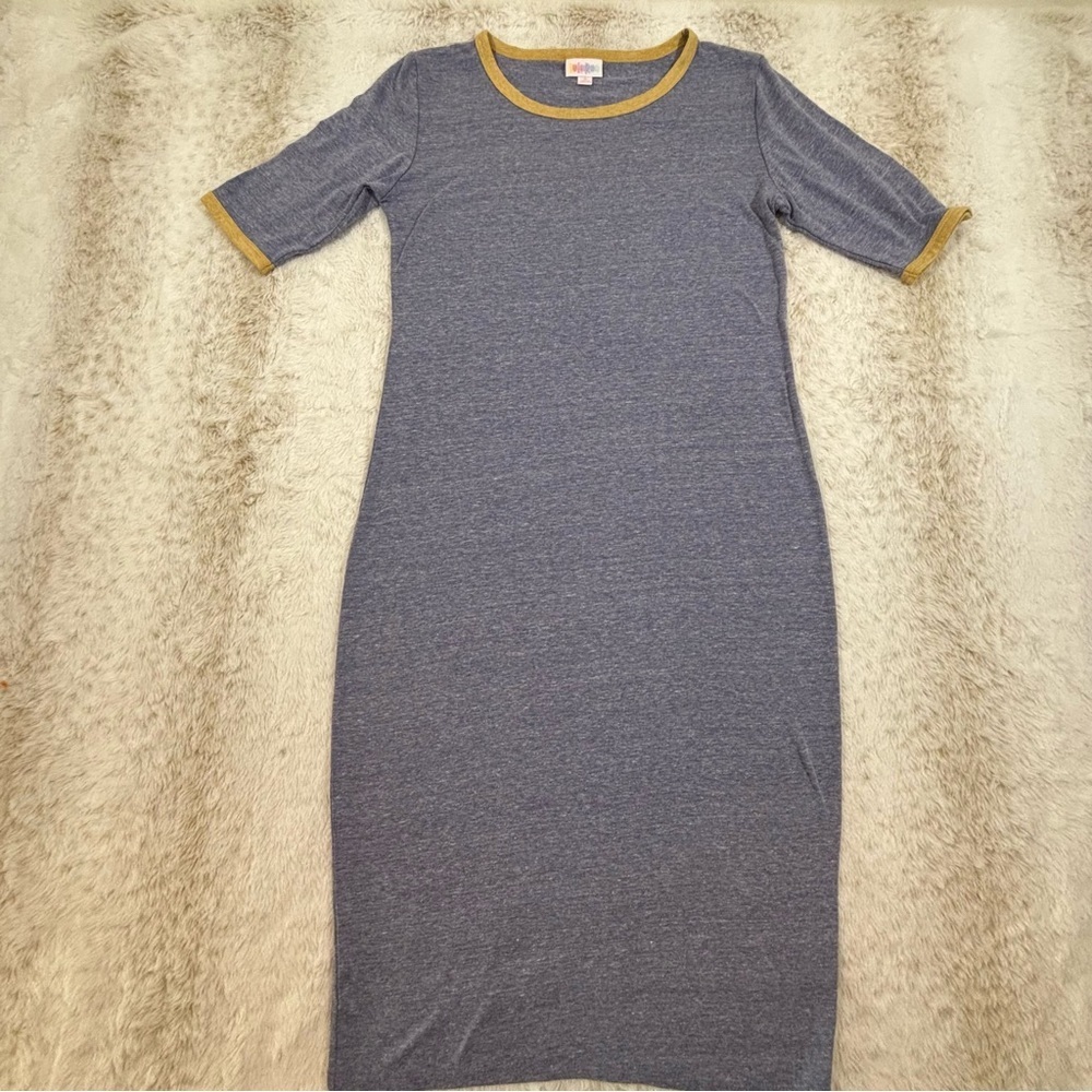 LuLaRoe Carly Dress Small Heathered Blue Gold Trim Casual Knit